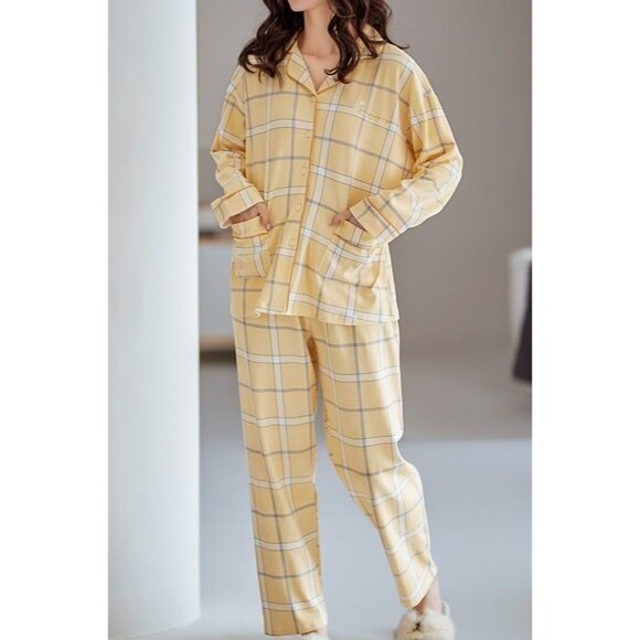 100% Cotton Women Pajama Set 2Pcs Long Sleeve Sleepwear Button Down Yellow Plaid - Picture 4 of 9